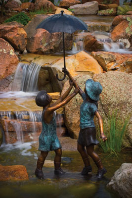 BRASS (Premium):  Standing Boy and Girl with Umbrella Fountain